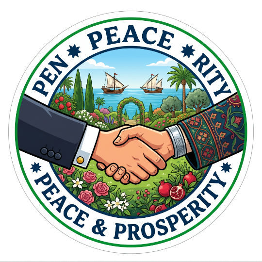 Two hands shaking over a Persian garden — Peace & Prosperity